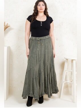 Plus Size Olive Tiered Maxi Skirt with Drawstring Waist